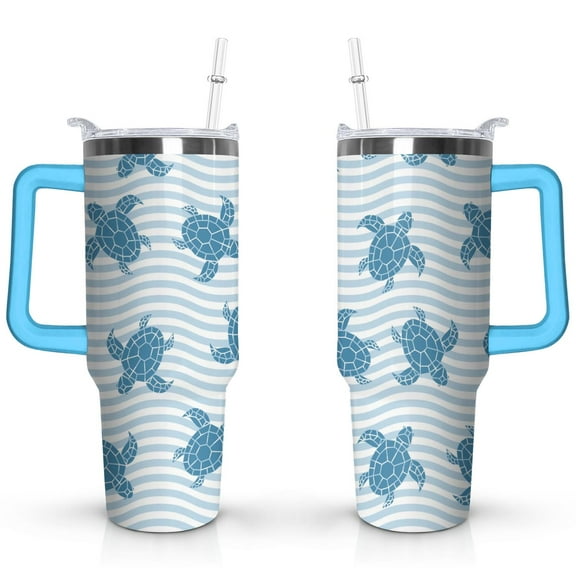 40oz Cute Ocean Life Turtle Stainless Steel Flip Straw Tumbler Spill Proof Travel Cup Double Wall Vacuum Insulated Coffee Mug with Top Handle