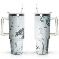 40oz Cute Ocean Life Turtle Stainless Steel Flip Straw Tumbler Spill Proof Travel Cup Double Wall Vacuum Insulated Coffee Mug with Top Handle