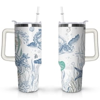 40oz Cute Ocean Life Turtle Stainless Steel Flip Straw Tumbler Spill Proof Travel Cup Double Wall Vacuum Insulated Coffee Mug with Top Handle