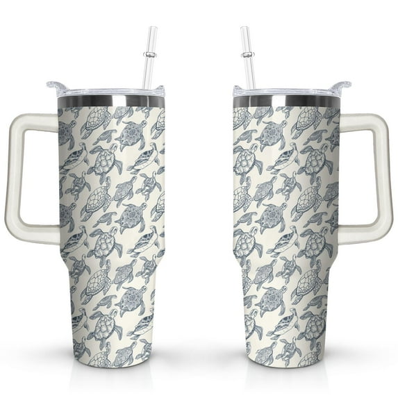 40oz Cute Ocean Life Turtle Stainless Steel Flip Straw Tumbler Spill Proof Travel Cup Double Wall Vacuum Insulated Coffee Mug with Top Handle
