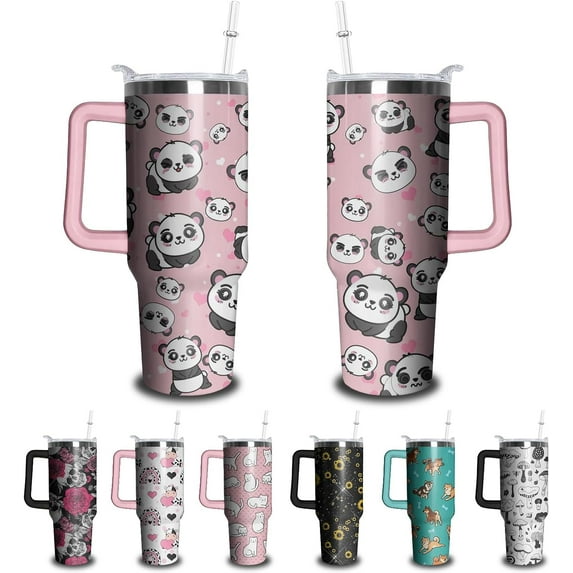 40oz Cute Panda Tumbler with Handle and Straw, Stainless Steel Insulated Cup with Lid and Straw, Travel Coffee Mug Water Bottle, Birthday Mothers Day Gifts for Women Men Animal Lovers