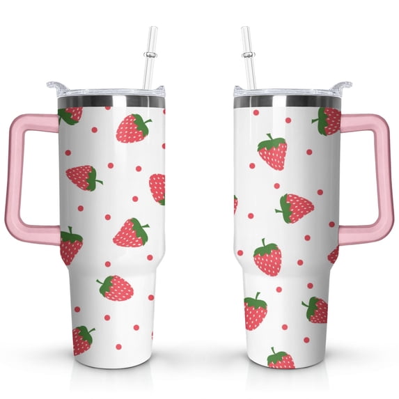 40oz Cute Red Strawberry Stainless Steel Flip Straw Tumbler Spill Proof Travel Cup Double Wall Vacuum Insulated Coffee Mug with Top Handle