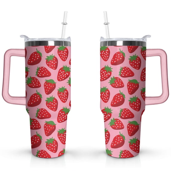 40oz Cute Red Strawberry Stainless Steel Flip Straw Tumbler Spill Proof Travel Cup Double Wall Vacuum Insulated Coffee Mug with Top Handle