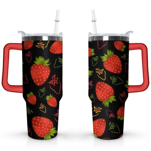 40oz Cute Red Strawberry Stainless Steel Flip Straw Tumbler Spill Proof Travel Cup Double Wall Vacuum Insulated Coffee Mug with Top Handle