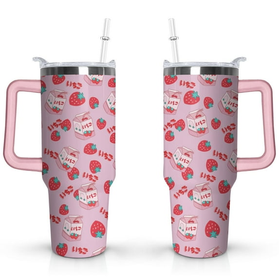 40oz Cute Red Strawberry Stainless Steel Flip Straw Tumbler Spill Proof Travel Cup Double Wall Vacuum Insulated Coffee Mug with Top Handle