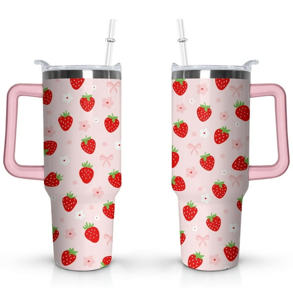 40oz Cute Red Strawberry Stainless Steel Flip Straw Tumbler Spill Proof Travel Cup Double Wall Vacuum Insulated Coffee Mug with Top Handle