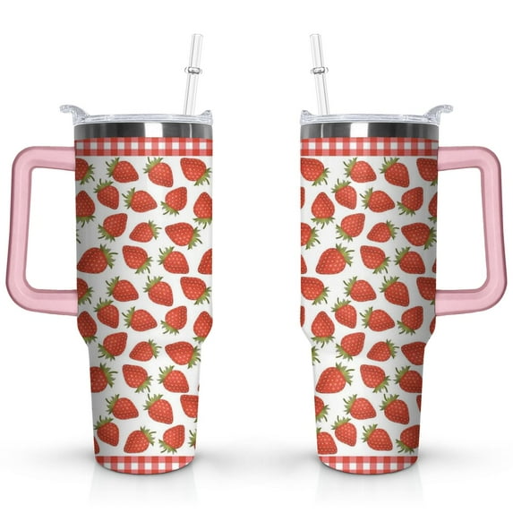 40oz Cute Red Strawberry Stainless Steel Flip Straw Tumbler Spill Proof Travel Cup Double Wall Vacuum Insulated Coffee Mug with Top Handle