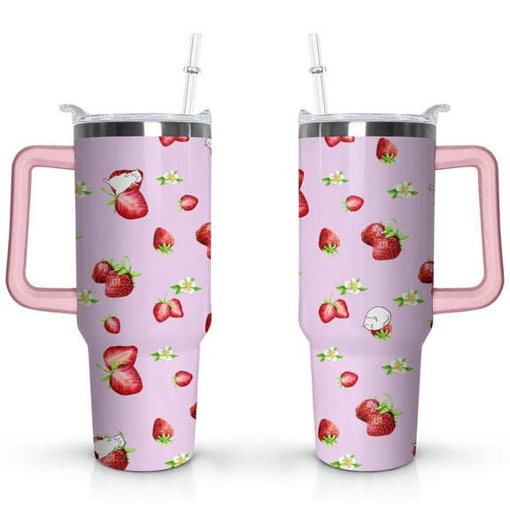 40oz Cute Red Strawberry Stainless Steel Flip Straw Tumbler Spill Proof Travel Cup Double Wall Vacuum Insulated Coffee Mug with Top Handle