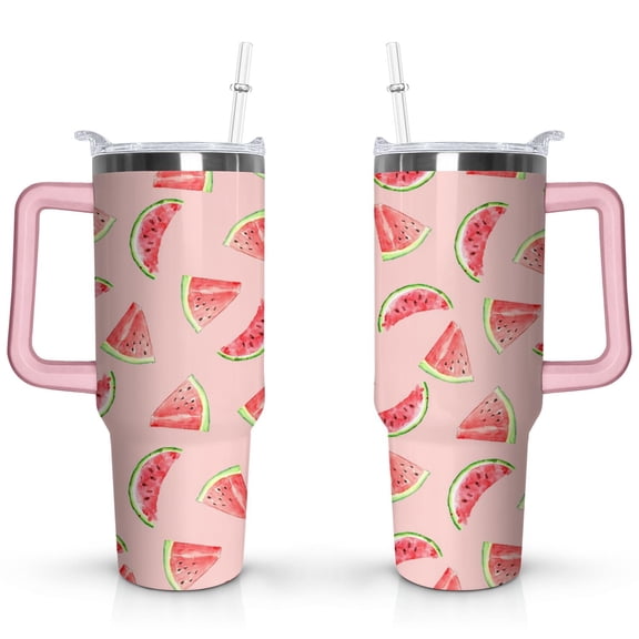 40oz Cute Watermelon Pattern Stainless Steel Flip Straw Tumbler Spill Proof Travel Cup Double Wall Vacuum Insulated Coffee Mug with Top Handle