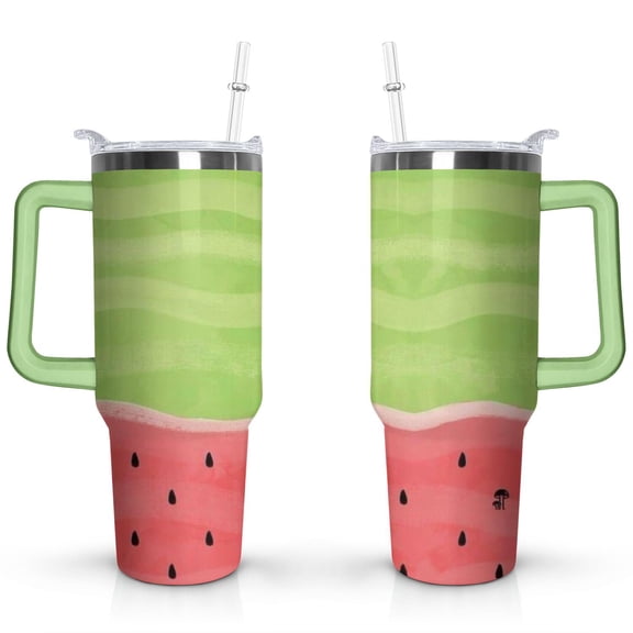 40oz Cute Watermelon Pattern Stainless Steel Flip Straw Tumbler Spill Proof Travel Cup Double Wall Vacuum Insulated Coffee Mug with Top Handle