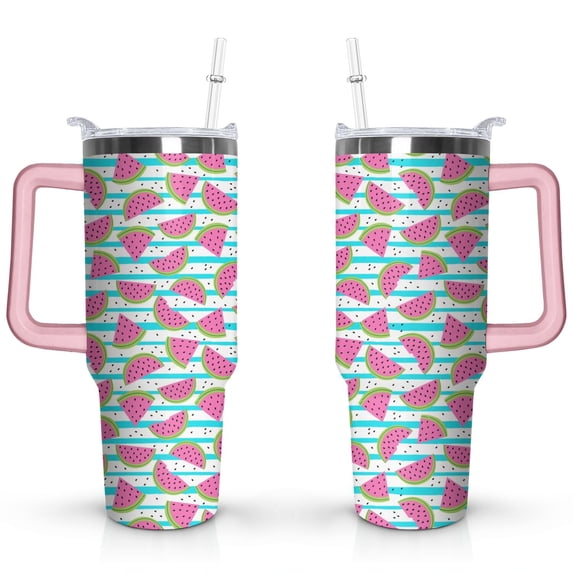40oz Cute Watermelon Pattern Stainless Steel Flip Straw Tumbler Spill Proof Travel Cup Double Wall Vacuum Insulated Coffee Mug with Top Handle