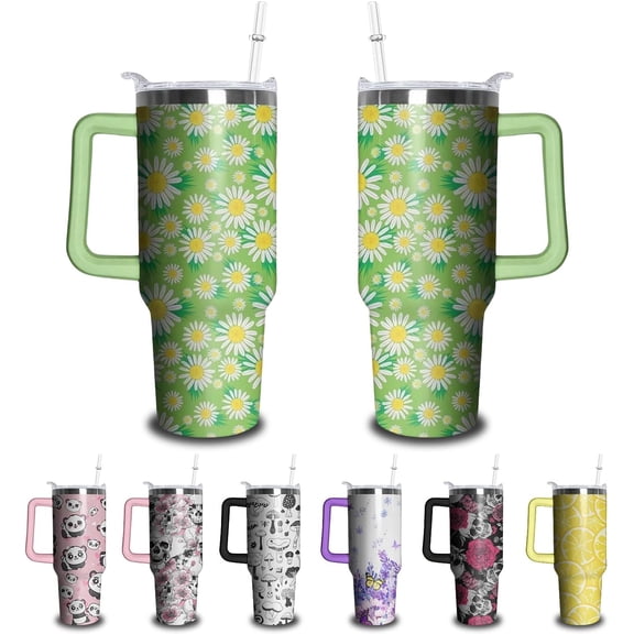 40oz Daisy Tumbler with Handle and Straw, Flower Stainless Steel Insulated Cup with Lid and Straw, Travel Coffee Mug Water Bottle, Birthday Mothers Day Gifts for Women Men Flowers Lovers