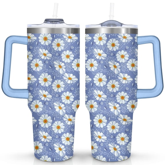 40oz Daisy Tumbler with Handle & Straw, Stainless Steel Insulated Cup, Leak Proof Travel Mug, Keeps Drinks Hot/Cold, Nurse Coffee Cup, Gifts for Women Men