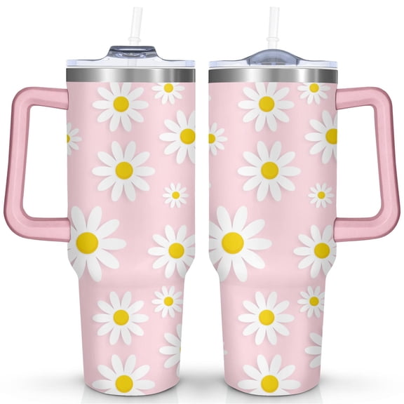 40oz Daisy Tumbler with Handle & Straw, Stainless Steel Insulated Cup, Leak Proof Travel Mug, Keeps Drinks Hot/Cold, Nurse Coffee Cup, Gifts for Women Men