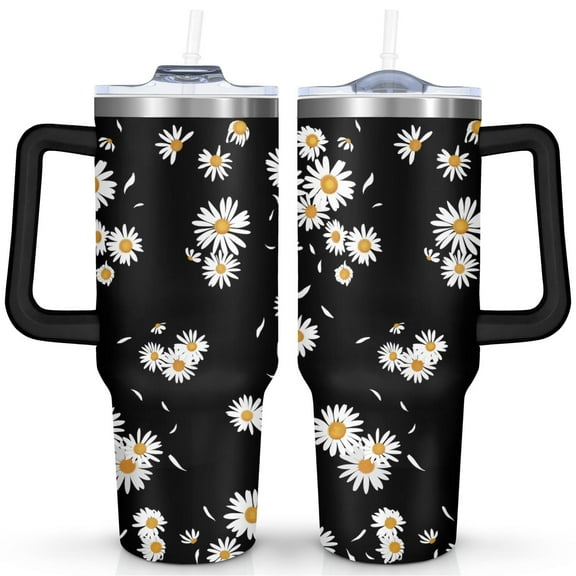 40oz Daisy Tumbler with Handle & Straw - Insulated Stainless Steel Travel Mug,Leakproof,Cup Holder Friendly,Dishwasher Safe,for Hot/Cold Drinks.