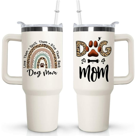40oz Dog Mom Tumbler with Handle & Straw - Vacuum Insulated Stainless Steel Travel Coffee Mug, Paw Print Design - Gift for Dog Lovers Women