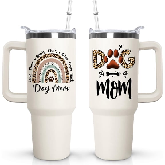 40oz Dog Tumbler with Handle and Straw, Dog Mom Paw Print Animal Stainless Steel Travel Coffee Mug Cup,Dog Mom Gifts for Women