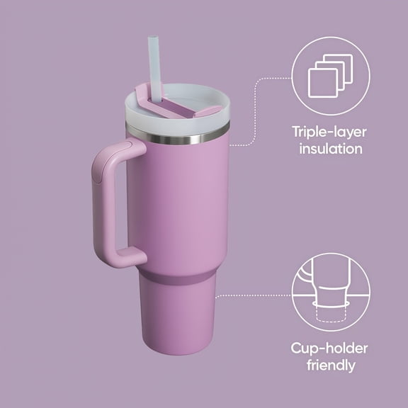 40oz Double - Wall Vacuum Insulated 304 Stainless Steel Tumbler. Handle, Straw, Leakproof. 24H Hot/Cold Retention. 5 Colors (Beige/Pink/Blue/Turquoise). Ideal for Gym, Travel - Reusable
