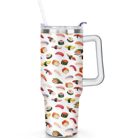 40oz Earthy Vibes Travel Tumbler, Sushin Coffee Cup for Sushi Lovers With Handle, Double Insulated Spill Proof Lid & Straw