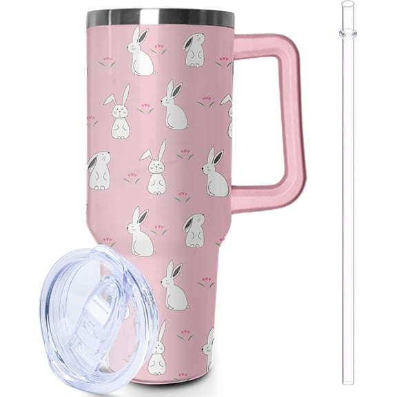 40oz Easter Bunny Tumbler with Handle and Straw, Insulated Stainless Steel Travel Mug, Vacuum Insulated Rabbit Themed Water Bottle Cup, Cute Gift for Women Bunny Lovers