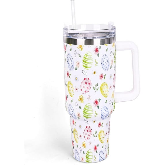40oz Easter Tumbler with Handle Straw and Lid Watercolor Egg Floral Travel Tumbler Spring Flower Coffee Cup for Holiday Birthday Party Favors