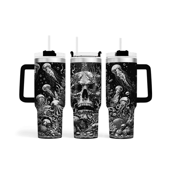 40oz Engraved Skull and Jellyfish Tumbler Gift, Custom Ocean Cup, Spooky Drinkware, Nautical Sea Creature Art for Her or Friend