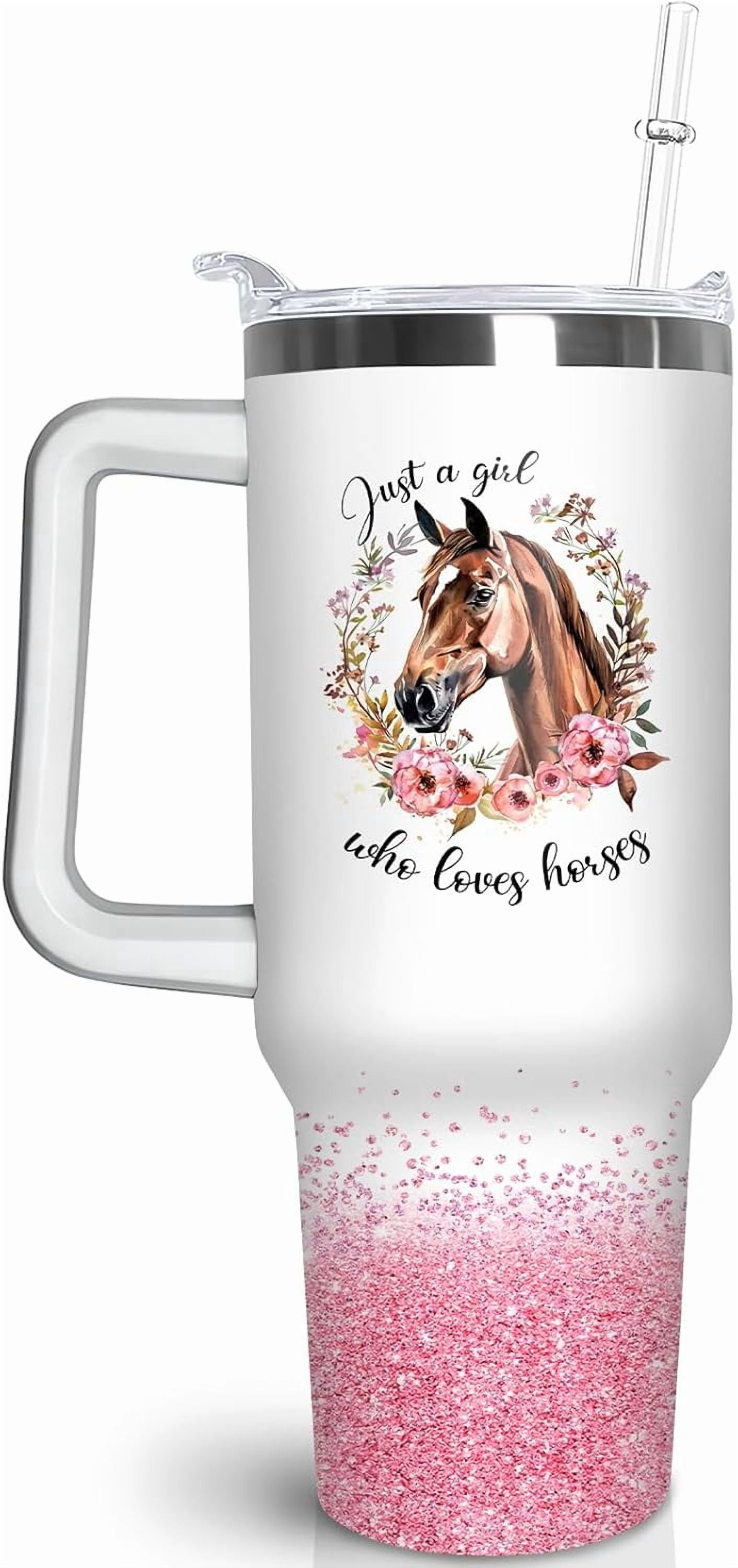 40oz Equestrian Tumbler with Handle & Straw - Vacuum-Insulated Stainless Steel Travel Mug & Water Bottle, Leakproof - Pink Floral Horse Design - Gifts for Women, Girls