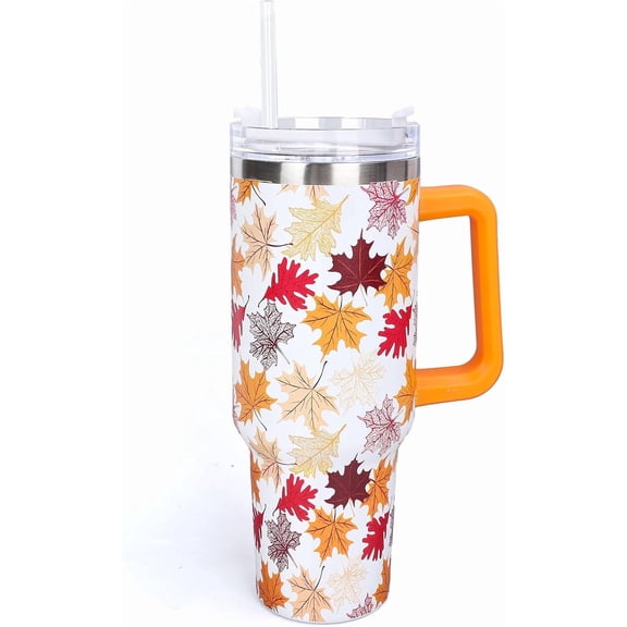 40oz Fall Leaves Tumbler with Handle Straw and Lid Autumn Gift Orange Maple Leaves Travel Tumbler Coffee Mug Cup Water Bottle for Women Friend Thanksgiving Harvest Birthday