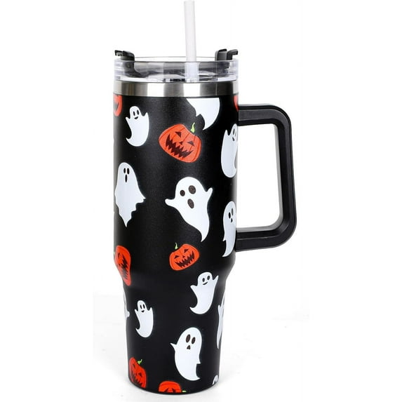 40oz Fall Leaves Tumbler with Handle Straw and Lid Autumn Gift Orange Maple Leaves Travel Tumbler Coffee Mug Cup Water Bottle for Women Friend Thanksgiving Harvest Birthday