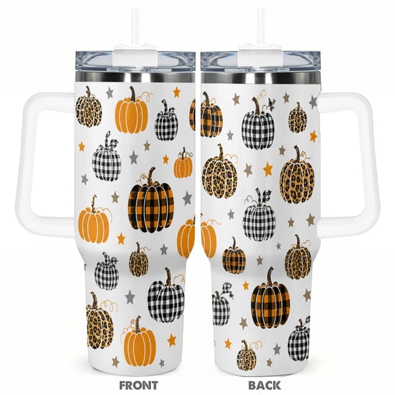 40oz Fall Pumpkin Halloween Travel Tumbler Insulated Car Cup with Handle Stainless Steel Coffee Cup Leopard Buffalo Plaid Autumn Gift