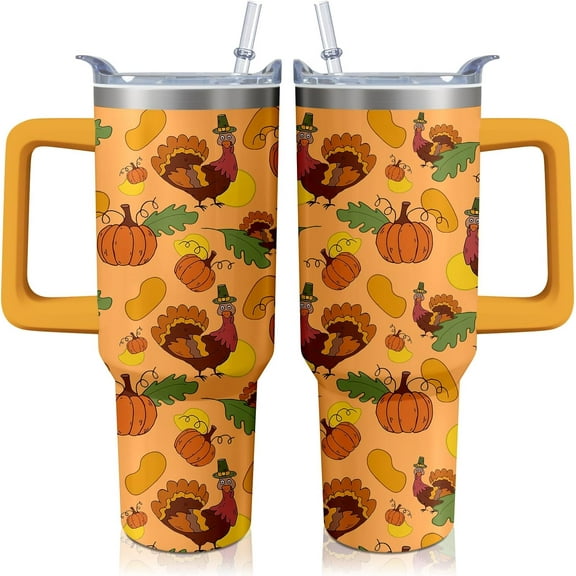 40oz Fall Tumbler with Handle and straw, Thanksgiving Pumpkin Turkey Stainless Steel Insulated Cup, Autumn Coffee Mug Water Bottle
