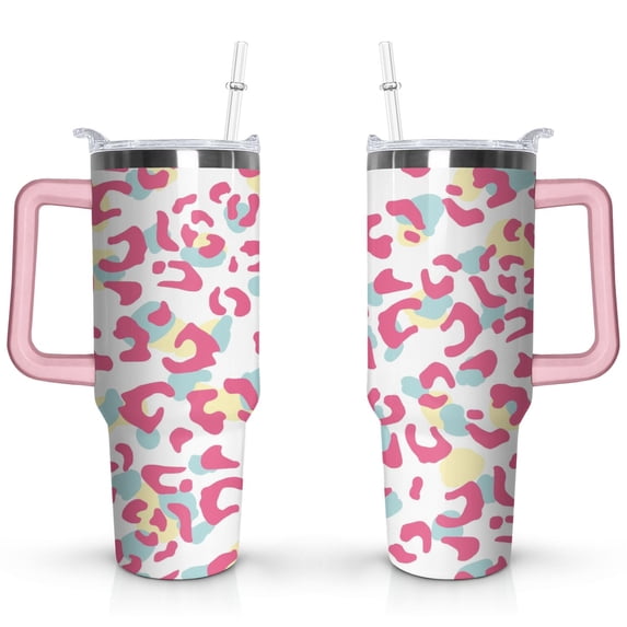 40oz Fashion Leopard Pattern Stainless Steel Flip Straw Tumbler Spill Proof Travel Cup Double Wall Vacuum Insulated Coffee Mug with Top Handle