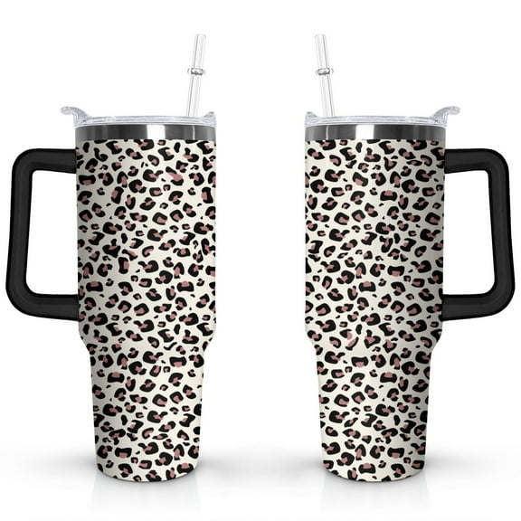 40oz Fashion Leopard Pattern Stainless Steel Flip Straw Tumbler Spill Proof Travel Cup Double Wall Vacuum Insulated Coffee Mug with Top Handle