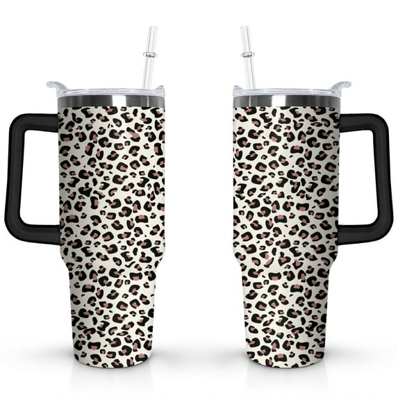 40oz Fashion Leopard Pattern Stainless Steel Flip Straw Tumbler Spill Proof Travel Cup Double Wall Vacuum Insulated Coffee Mug with Top Handle