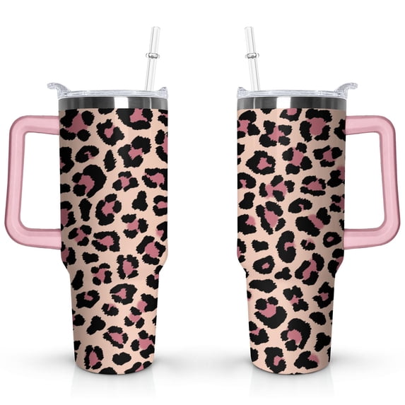 40oz Fashion Leopard Pattern Stainless Steel Flip Straw Tumbler Spill Proof Travel Cup Double Wall Vacuum Insulated Coffee Mug with Top Handle