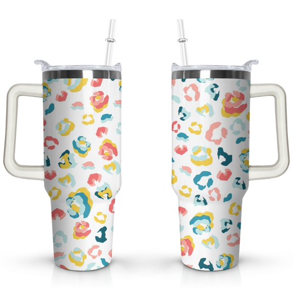 40oz Fashion Leopard Pattern Stainless Steel Flip Straw Tumbler Spill Proof Travel Cup Double Wall Vacuum Insulated Coffee Mug with Top Handle