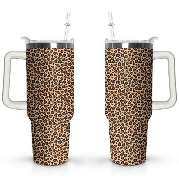 40oz Fashion Leopard Pattern Stainless Steel Flip Straw Tumbler Spill Proof Travel Cup Double Wall Vacuum Insulated Coffee Mug with Top Handle