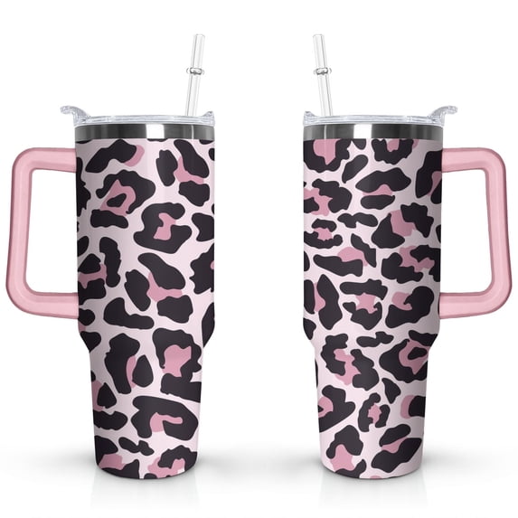 40oz Fashion Leopard Pattern Stainless Steel Flip Straw Tumbler Spill Proof Travel Cup Double Wall Vacuum Insulated Coffee Mug with Top Handle