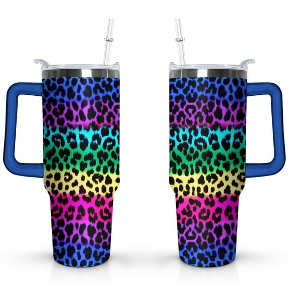 40oz Fashion Leopard Pattern Stainless Steel Flip Straw Tumbler Spill Proof Travel Cup Double Wall Vacuum Insulated Coffee Mug with Top Handle