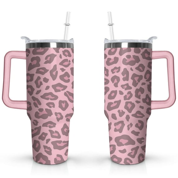 40oz Fashion Leopard Pattern Stainless Steel Flip Straw Tumbler Spill Proof Travel Cup Double Wall Vacuum Insulated Coffee Mug with Top Handle