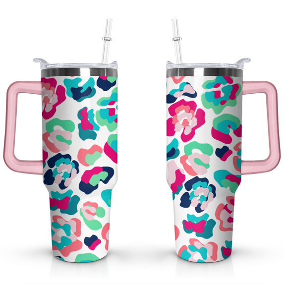 40oz Fashion Leopard Pattern Stainless Steel Flip Straw Tumbler Spill Proof Travel Cup Double Wall Vacuum Insulated Coffee Mug with Top Handle