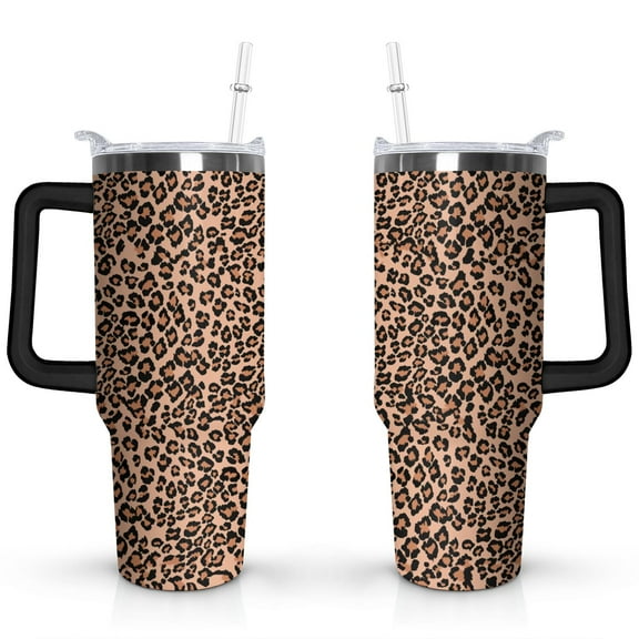 40oz Fashion Leopard Pattern Stainless Steel Flip Straw Tumbler Spill Proof Travel Cup Double Wall Vacuum Insulated Coffee Mug with Top Handle