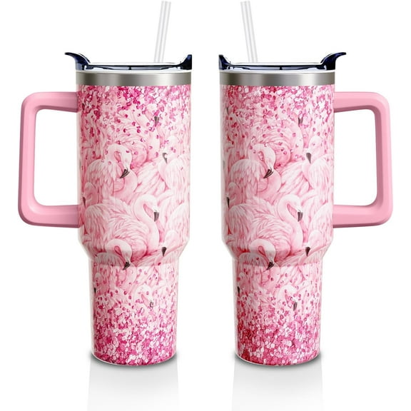 40oz Flamingo Tumbler Stainless Steel Insulated Travel Mug with Handle and Straw Lid - Leakproof Birthday Gifts for Women