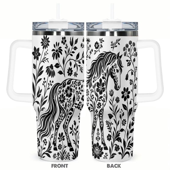 40oz Floral Horse Travel Tumbler with Handle and Straw Lid Black White Insulated Car Coffee Cup Gift for Horse Lovers
