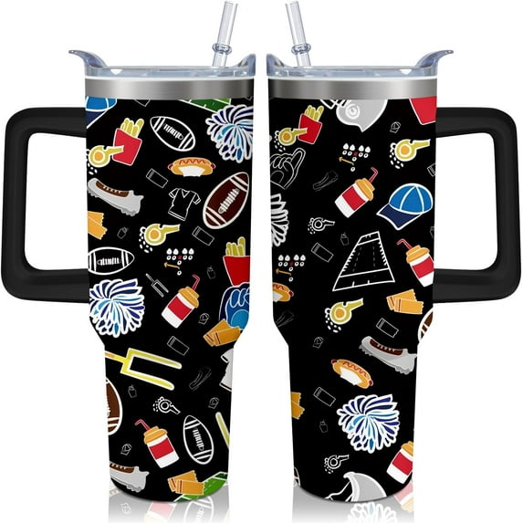 40oz Football Tumbler with Handle, Birthday Gift for Man, Sports Coach Insulated Stainless Steel Cup with Lid and Straws, Reusable Travel Coffee Mug Water Bottle