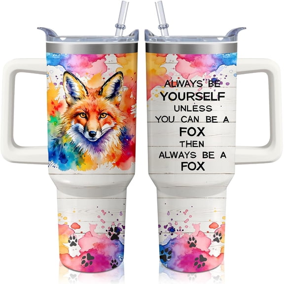 40oz Fox Tumbler with Handle and Straw, Stainless Steel Insulated Cup with Lid and Straw, Travel Coffee Mug Water Bottle, Birthday Mothers Day Gifts for Women Men Animal Lovers