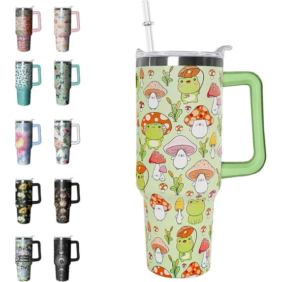 40oz Frogs Tumbler with Handle and Straw Leak Proof Insulated Tumbler Cute Frogs Mushroom Coffee Travel Mugs Cute Frog Stuff Gifts for Women
