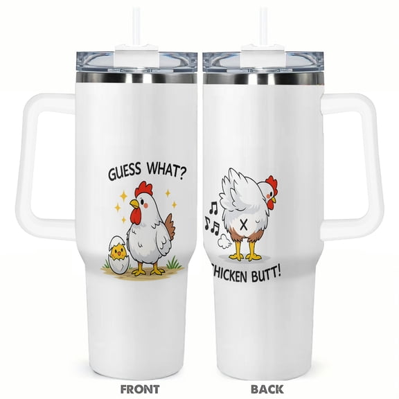 40oz Funny Chicken Tumbler with Handle and Straw Guess What Chicken Butt Cartoon Farm Stainless Steel Insulated Travel Coffee Cup Gift