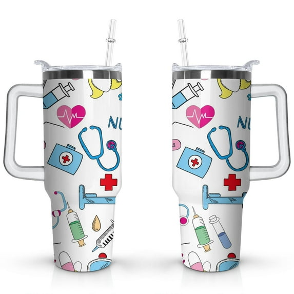 40oz Funny Nurse Life Stainless Steel Flip Straw Tumbler Spill Proof Travel Cup Double Wall Vacuum Insulated Coffee Mug with Handle