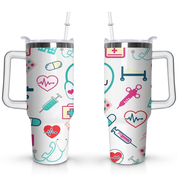 40oz Funny Nurse Life Stainless Steel Flip Straw Tumbler Spill Proof Travel Cup Double Wall Vacuum Insulated Coffee Mug with Handle